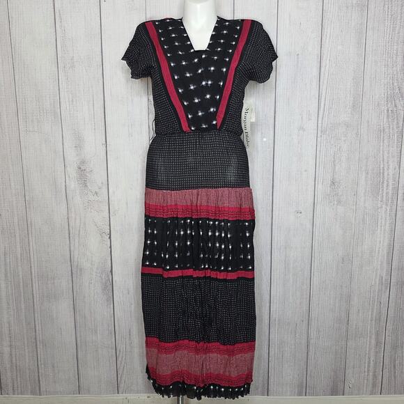 Vintage Dresses & Skirts - Vintage 80s Prairie Dress Black Red Rayon Tiered Midi Boho Cottagecore, sz 8